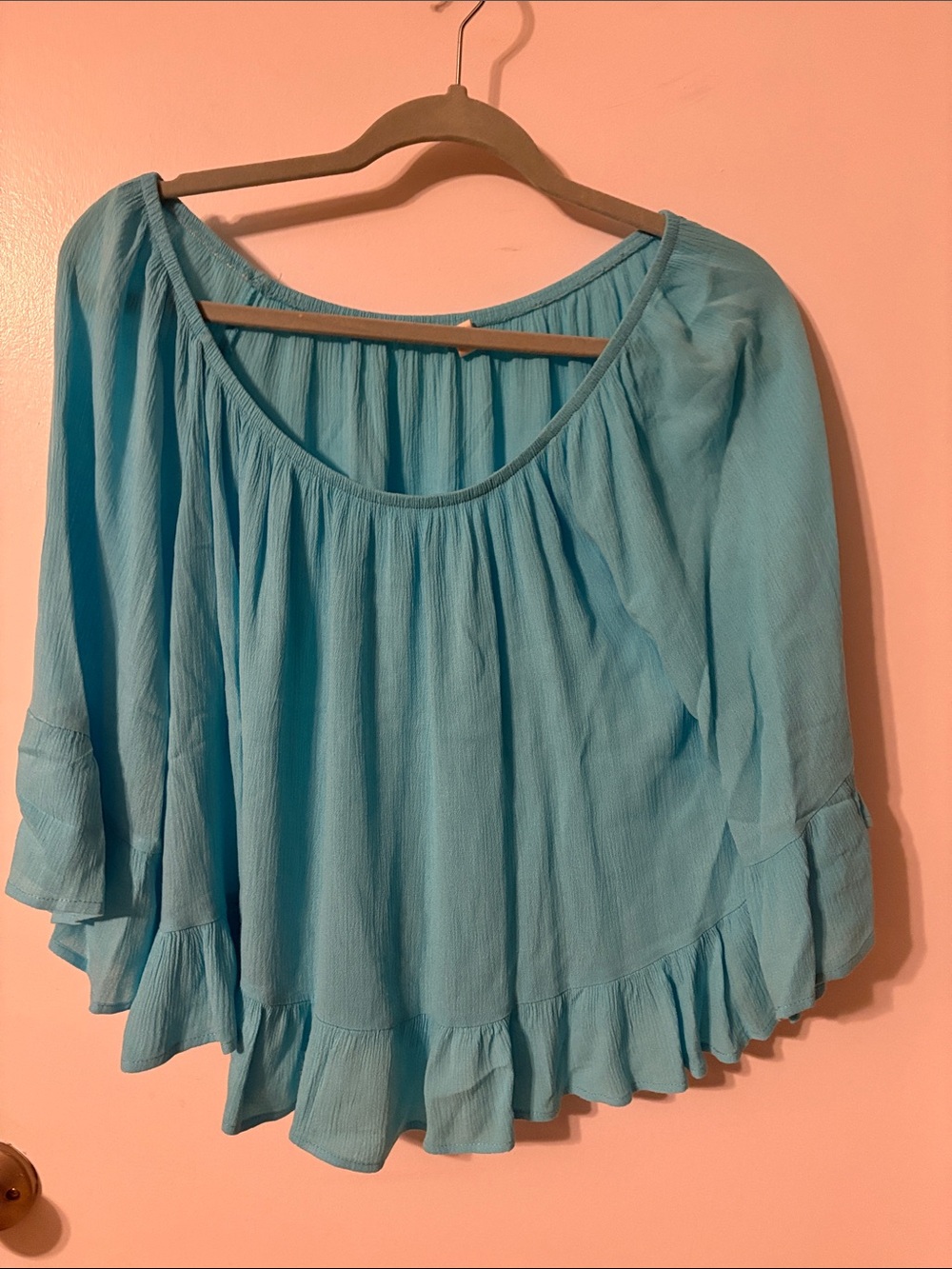 Elan Aqua Blue Peasant Blouse with Ruffle Hem